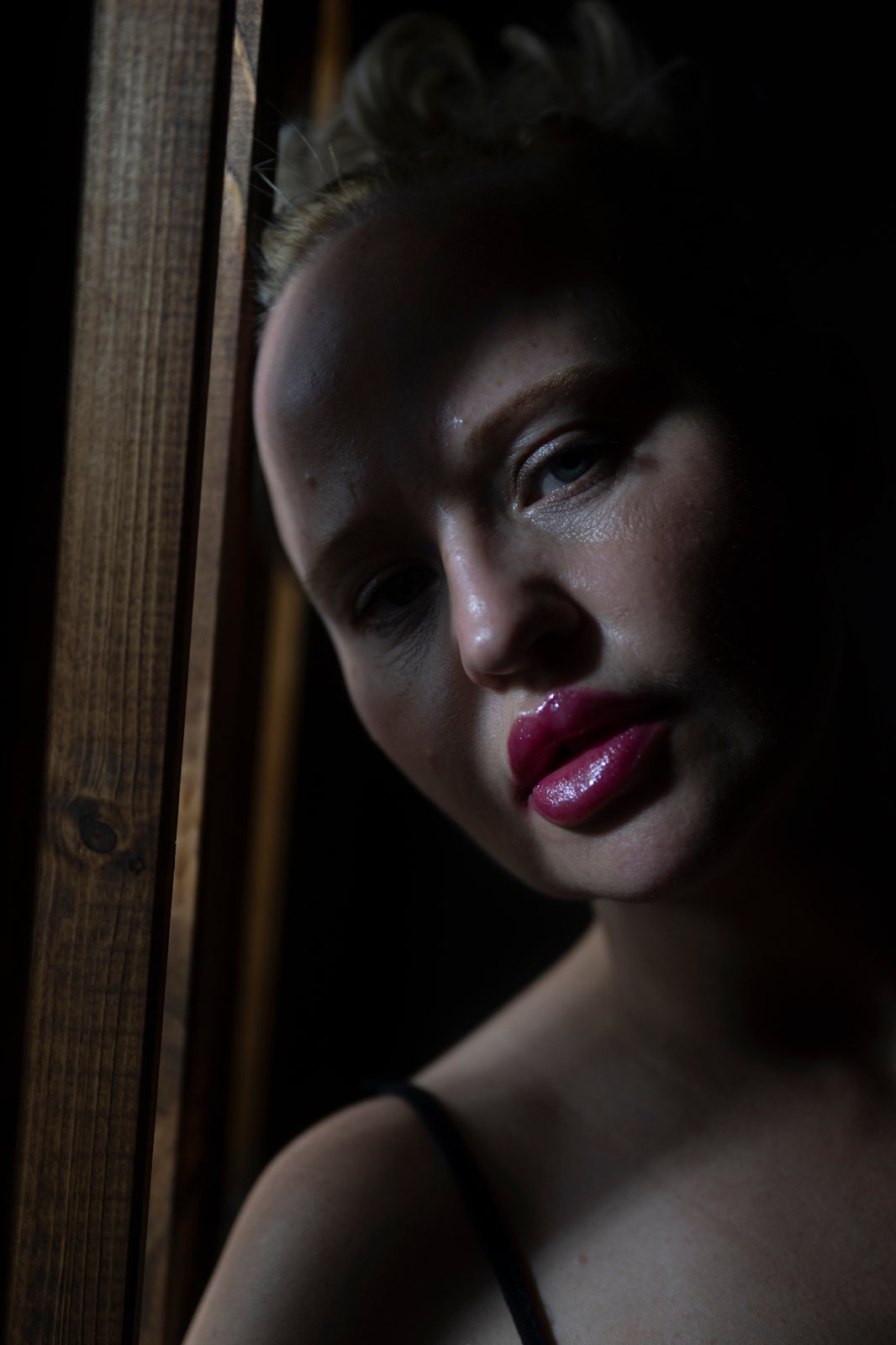 Fine Art portrait photographed with a Nikon Z9, NIKKOR Z 50mm f/1.8 S and Godox AD300 Pro using dramatic light through wooden panels.