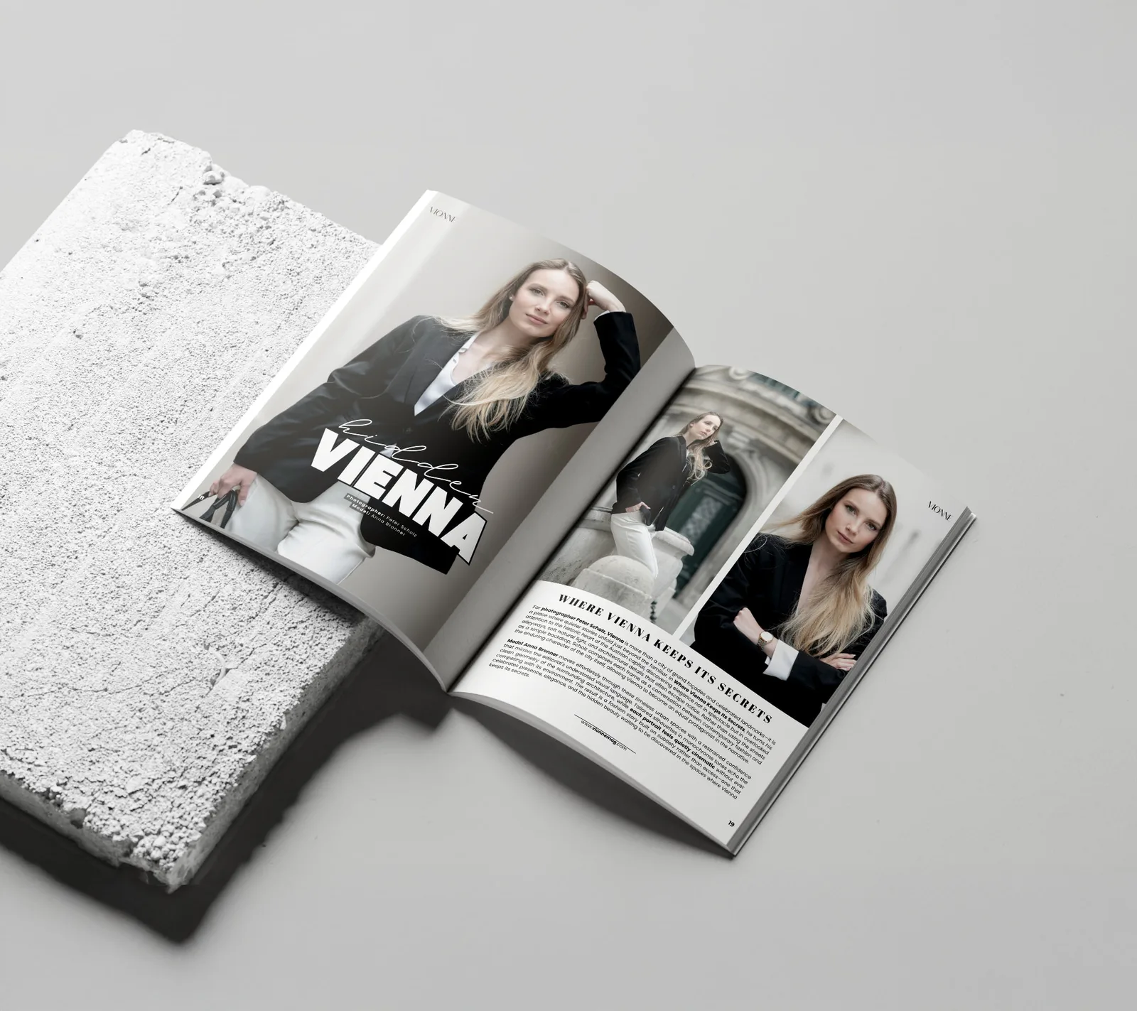Printed VIONNE Magazine Issue 16 opened at pages 18 and 19, showing the Hidden Vienna fashion editorial by Peter Scholz with model Anna Bronner