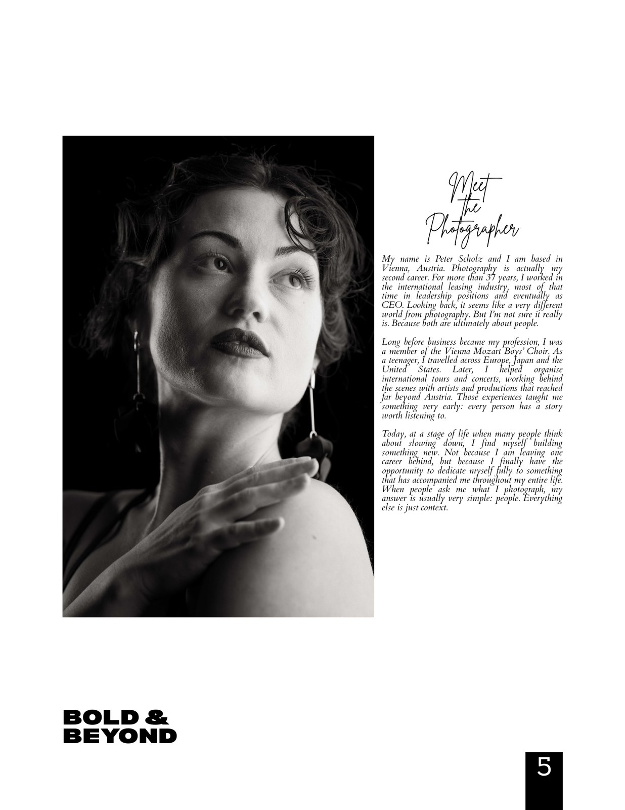 Bold & Beyond Magazine — Meet the Photographer, page 5, introducing Peter Scholz from Vienna, Austria, next to a black and white portrait from the Shadow & Silk series
