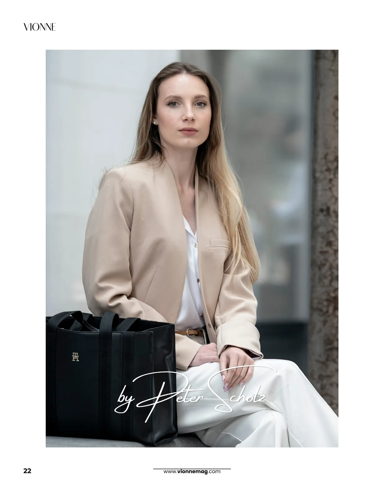 Page 22 of the Hidden Vienna editorial in VIONNE Magazine Issue 16, fashion portrait of Anna Bronner photographed by Peter Scholz in Vienna