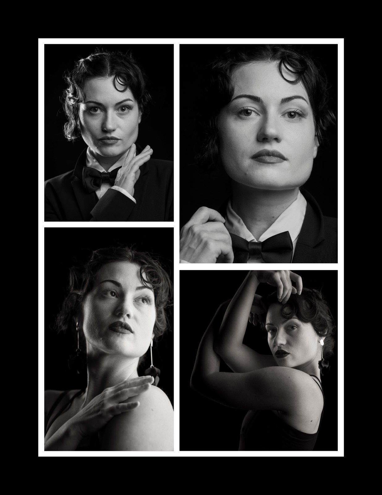 Bold & Beyond Magazine — Shadow & Silk editorial grid of four black and white fine art portraits by Peter Scholz, model Jennifer in a tuxedo and evening dress