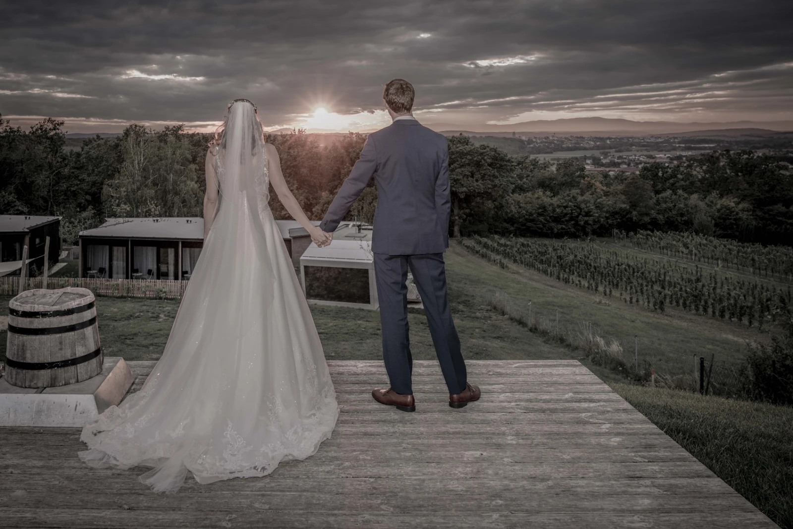 Bride and groom at sunset in the vineyards