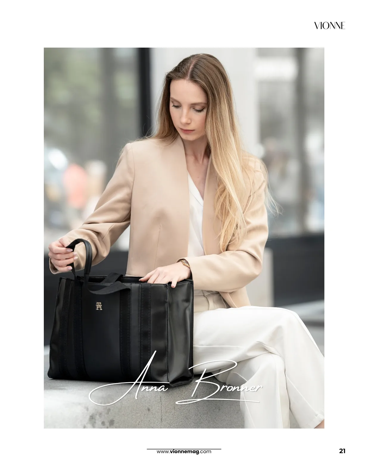 Page 21 of the Hidden Vienna editorial in VIONNE Magazine Issue 16, editorial portrait of Anna Bronner in historic Vienna by photographer Peter Scholz