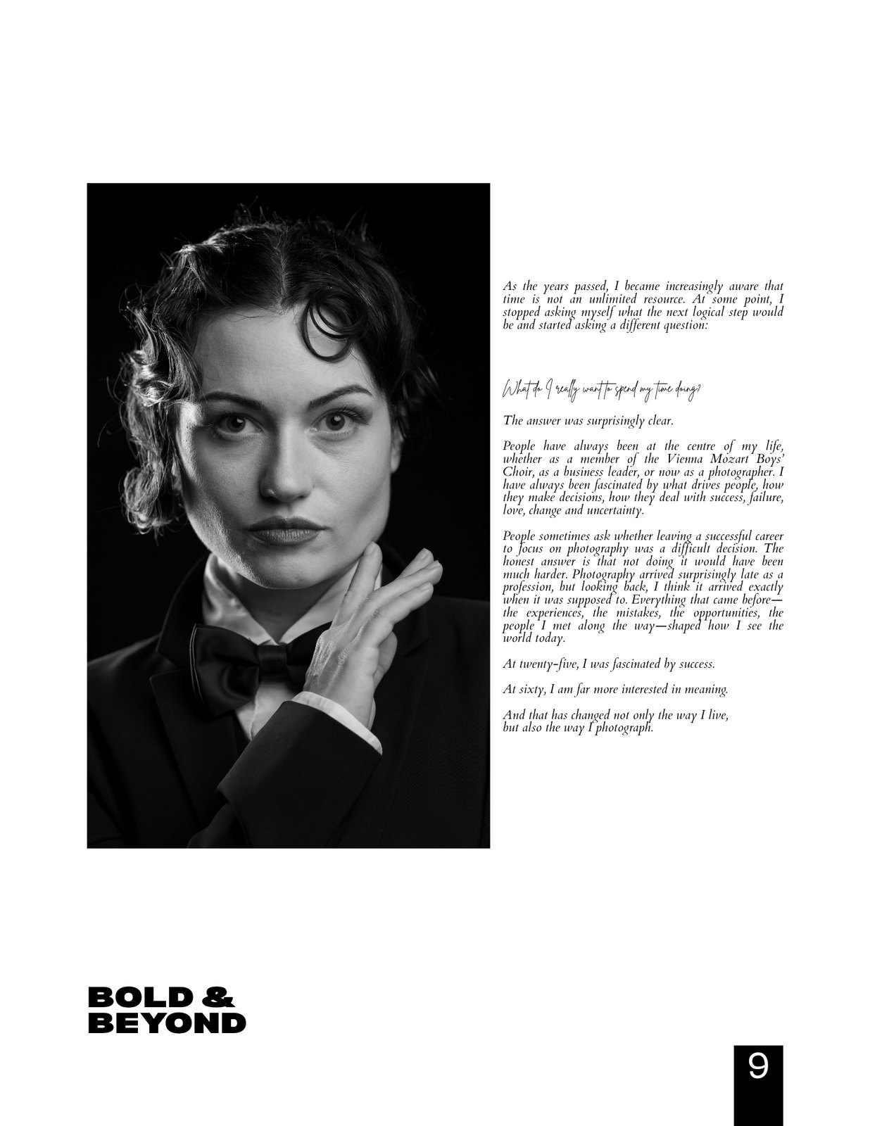 Bold & Beyond Magazine — closing interview page with Peter Scholz on meaning, people and photography as a second career, page 9, from the Shadow & Silk series