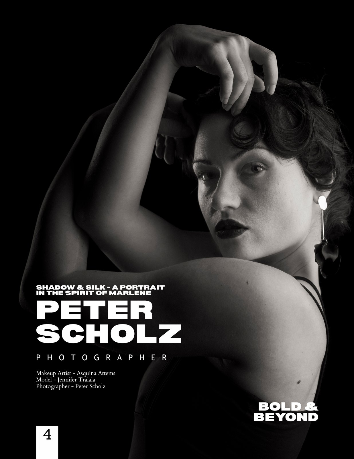 Shadow & Silk — opening spread of the Peter Scholz feature in Bold & Beyond Magazine Portrait Issue No. 940, model Jennifer, makeup by Asquina Attems