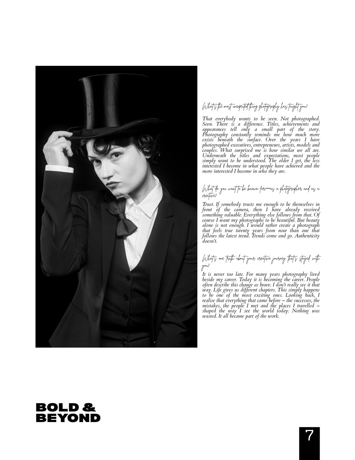 Bold & Beyond Magazine — interview with Peter Scholz on trust, authenticity and starting over, page 7, alongside a portrait of Jennifer with black top hat and tailcoat