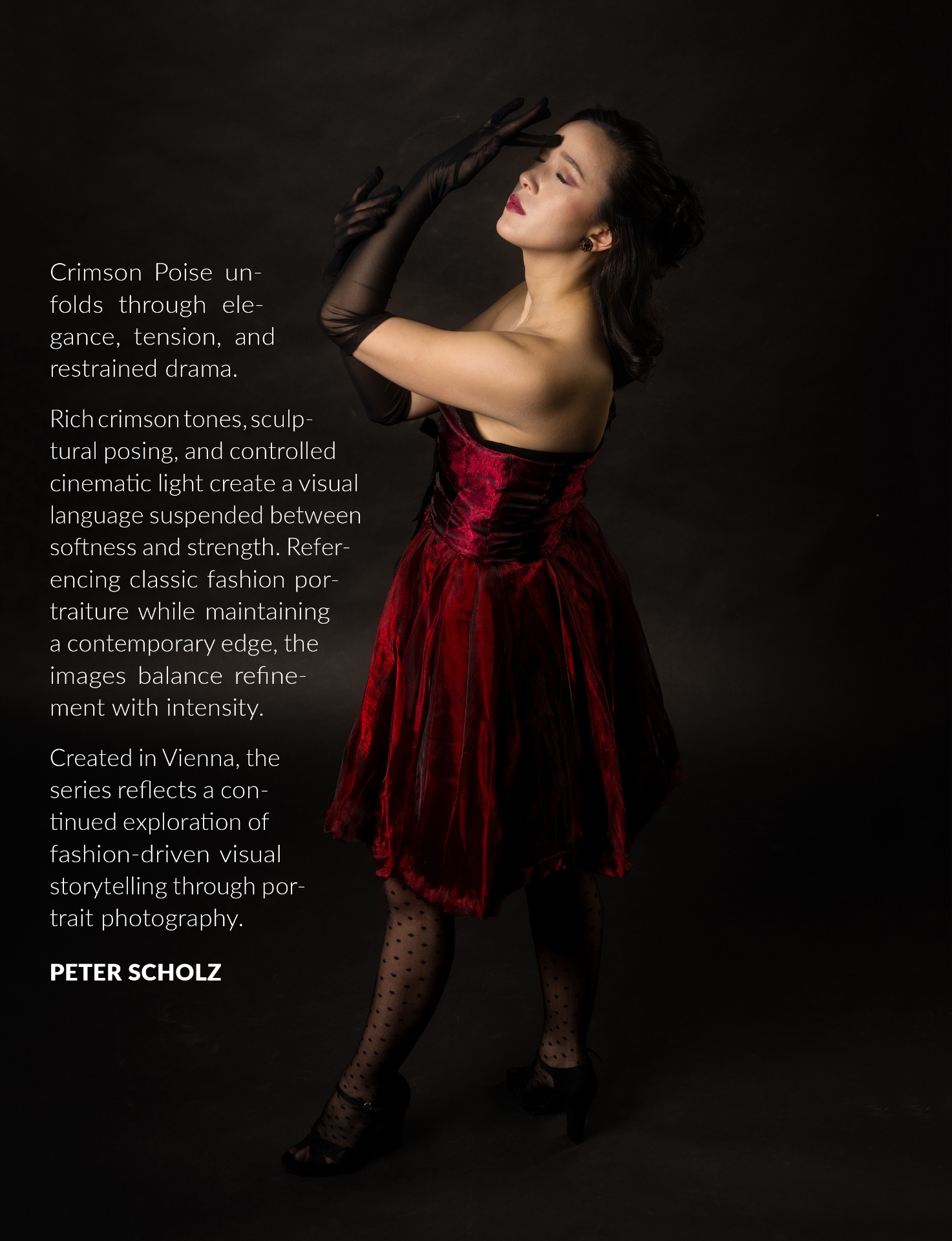 Crimson Poise editorial — GOJI Magazine spread with text and image — Victoria in restrained pose with crossed gloved arms, deep crimson dress, editorial typography and whitespace, fine art fashion photography by Peter Scholz, Vienna