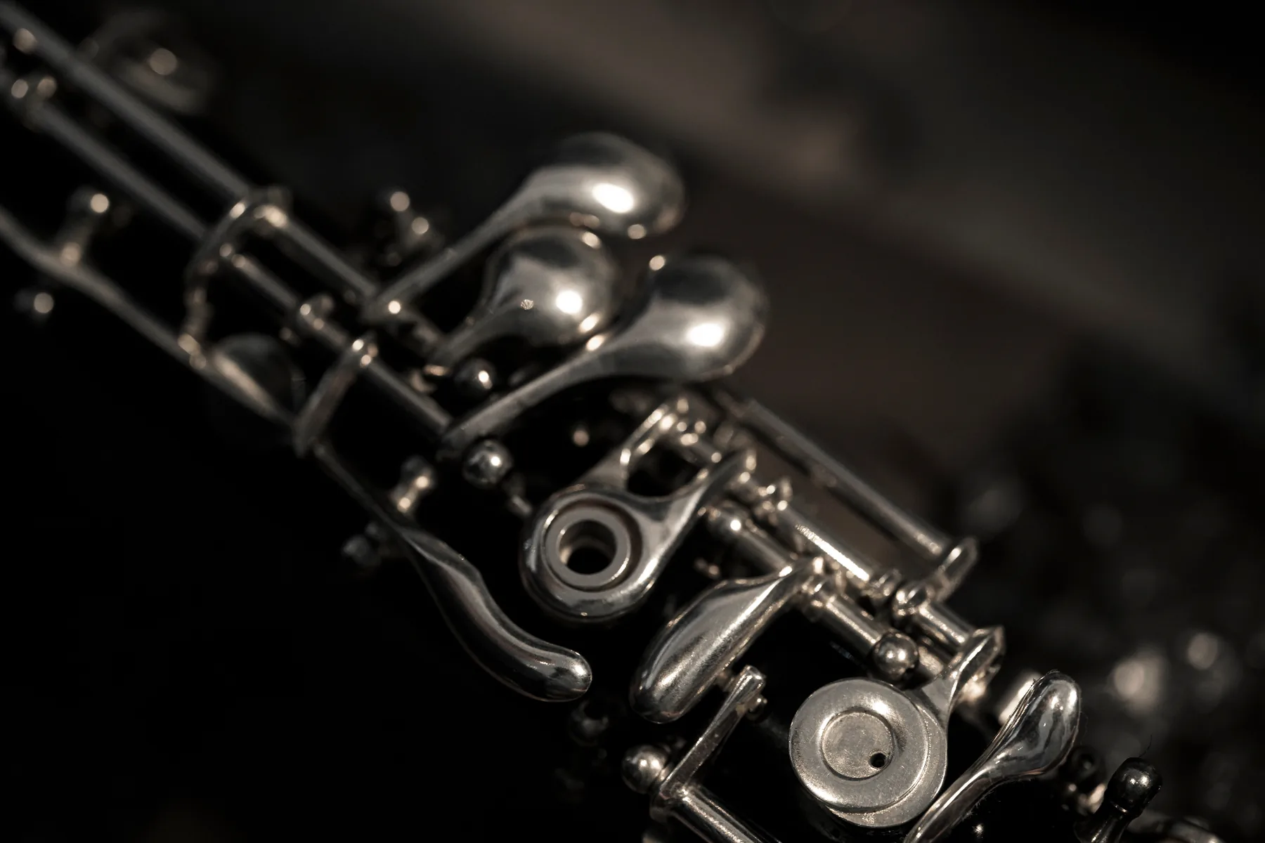 Extreme close-up of polished silver keys and pads on a woodwind instrument, revealing millimetre-scale precision engineering.